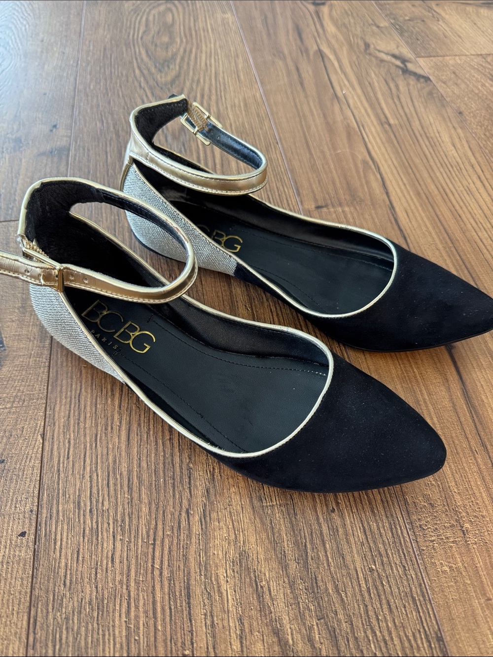 BCBG black suede and silver flats, size 7.5